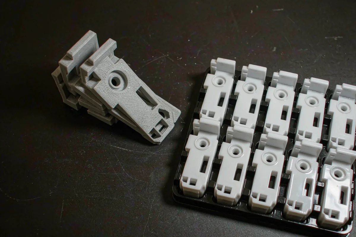 Side-by-side comparison of matte 3D printed parts with visible layer lines and glossy injection molded parts in a production tray