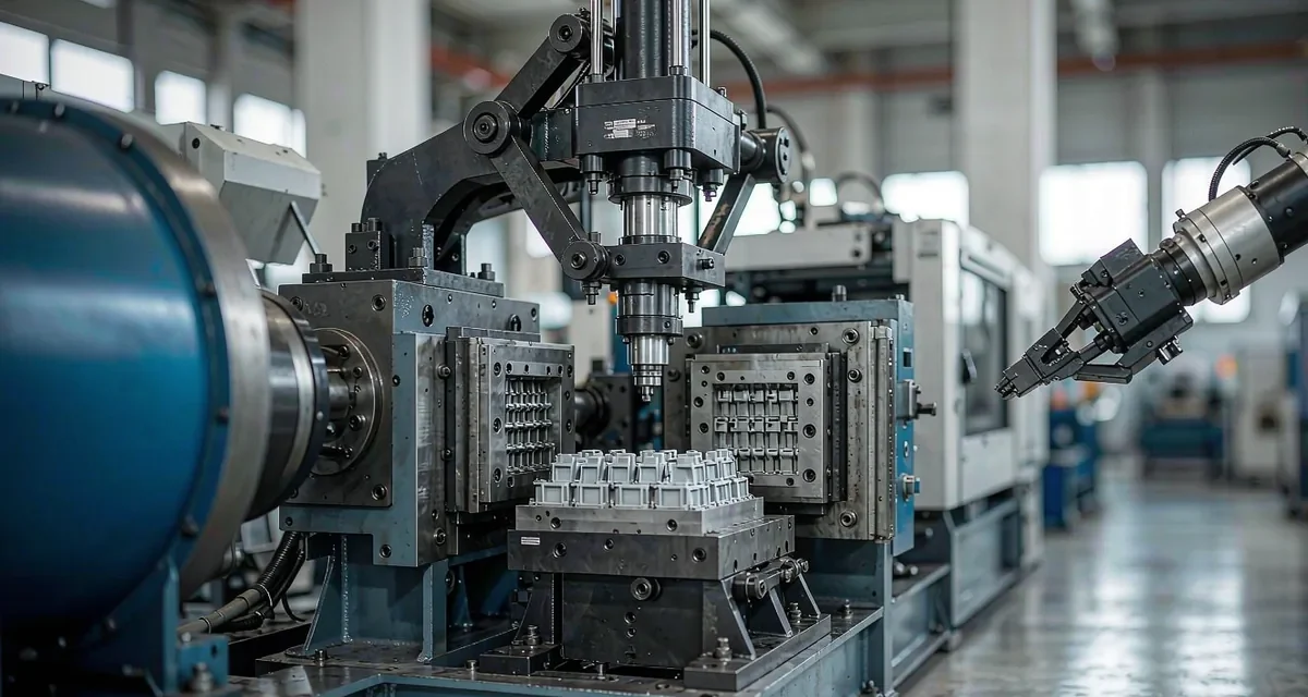Injection molding machine with the steel mold half open showing freshly molded solid plastic connector housings inside the cavity