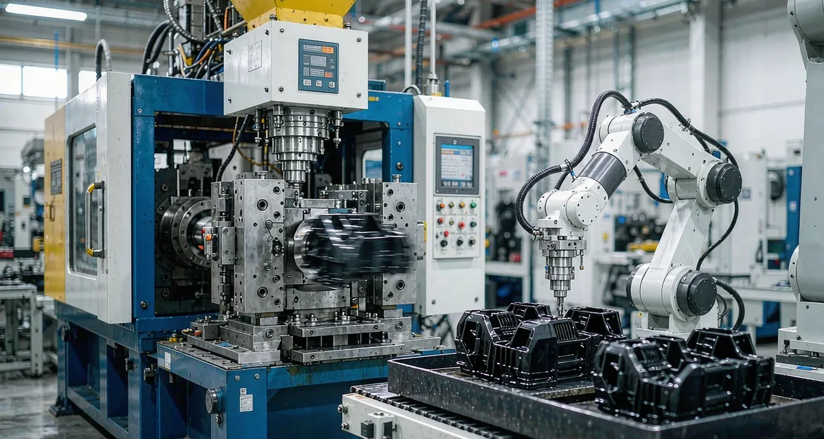 Injection molding machine and robot arm unloading molded plastic housings on a production line at Shiny Mold factory in Dongguan