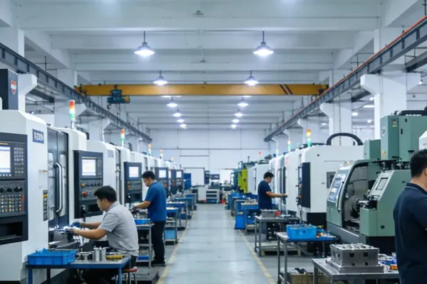 High-precision CNC machining centers cutting mold steel at Shiny Mold factory